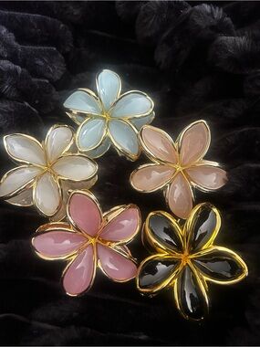 Gold-Trim Enamel Flower Brooch - Pink, White, Blue, Nude, Black